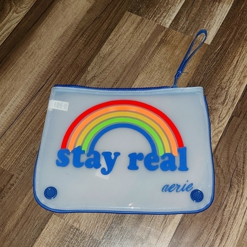 AE Aerie "STAY REAL" Rainbow Wet Dry Swimsuit Zippered Bag Pouch Vented